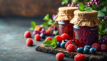 Raspberry jam with berry on light background. Homemade jam with raspberry. banner, menu, recipe place for text, top Various jams peach and strawberry on wooden table copy spaceの素材