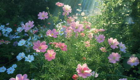 Field of cosmos flowers. A beautiful, sun-drenched spring summer meadow. Natural colorful panoramic landscape with many wild flowers of daisies against blue sky. A frame with soft selective focus.pastelの素材