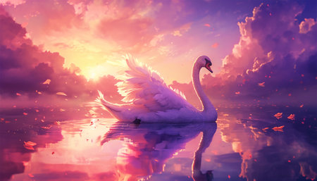 Magical pink sunset landscape with Swan sparkling lights. Swan are swimming in the water,sun light reflects like that sunset. Fairy tale design sparklesの素材