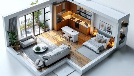 House plan 3d. 3d house plan. Floor planner. Floor plan. Isometric view living room open inside interior architecture 3d rendering digital art. Modern interior plan house or apartment white backgroundの素材
