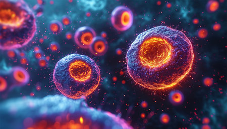 3d rendering of Human cell or Embryonic stem cell microscope background. medical microscopic molecular biology background. DNA colorful background close upの素材