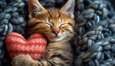 Cute tabby kitten sleeping on red heart pillow. Little kitten sleeping on the red heart-shaped pillow. Cozy blanket. Happy Valentines Day, pets, Animalの素材