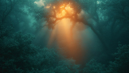 Fantasy forest. Fairy tale magical morning forest with sunlight beams. Magical particles swirl among the fantastically enchanted trees. Mystical woods. sparkling lightsの素材