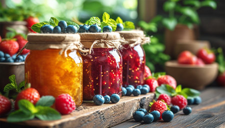 Raspberry jam with berry on light background. Homemade jam with raspberry. banner, menu, recipe place for text, top Various jams peach and strawberry on wooden table copy spaceの素材