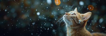 A cute cat looking outside at the starry colorful sky. Cute kitten magical sparkles. Starry glow lights in nature Magical landscape fairytale beauty Copy spaceの素材