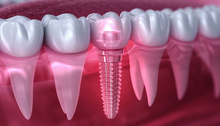 Closeup white tooth and gum with Dental implant , Human Teeth for Medical Concept, 3d illustration. Dental teeth implant healthy teeth and tooth human dentura close upの素材