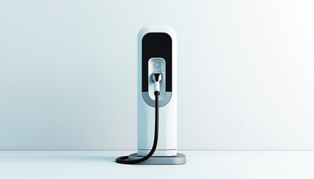 Electric car charging station on white background. Fast electric car charger green energy environment friendly driving vehicle station. Modern transport fuel of future. Minimal design power unit Copy space minimalismの素材