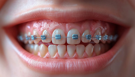 Orthodontic Dental Care Concept. Woman Healthy Smile close up. Closeup Ceramic and Metal Brackets on Teeth. Beautiful Female Smile with Braces. healthy teethの素材