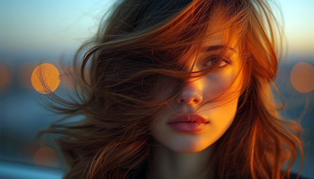 Girl with fluttering hair in the wind. Portrait of a beautiful young woman with amazing flowing hair outside beautyの素材