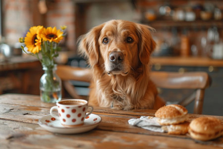 Cute dog having nice breakfast sitting at the table with tea,coffee bread at the kitchen stylish interior. Cozy house with funny dog at lunch petの素材