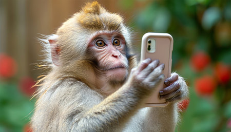 Monkey holding smartphone. Monkey using mobile, taking selfie or texting, social media. Smart animal having fun with technology funny conceptの素材