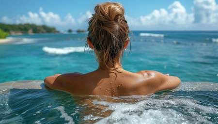 back view young adult female person enjoy relax in infinity edge luxury outdoor swimming pool looking on ocean view in warm sunset light. Tropical wellness travel vacation tourism concept Back viewの素材
