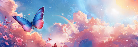 Butterfly in amazing pink pastel landscape.. Soft pink and purple sky background with rainbow, clouds, stars and butterflies. Pink pastel magical landscape spring Copy spaceの素材
