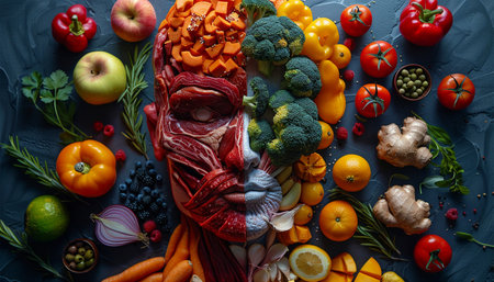 Lifestyle choice and dilemma concept as a human made of fresh green vegetables and fruit and the other head shaped with greasy fast food and fried foods as a symbol of nutrition. Creative food and health concept background Copy spaceの素材
