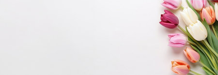 Colorful tulips in a field on a white background Spring tulips various colors isolated on white background with Copy space. Holiday design top view beautyの素材