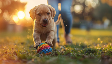Small happy dog playing with pet toy ball at backyard lawn. Playful with female owner. Ball toy. beautiful sunny day Copy spaceの素材