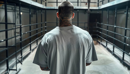 Inmate with tattoos in beige uniform in jail cell, Male prisoner serves imprisonment term for crime in prison. Detention center or correctional facility.の素材