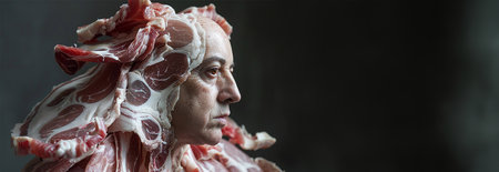 Man wearing meat. Butcher examining meat hanging in industry. Concept for the meat industry. Professional business Butcher portraitの素材