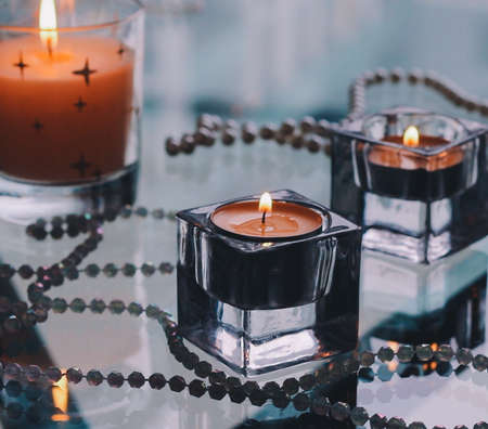 Beautiful holiday candle lights, romantic home decorationの写真素材