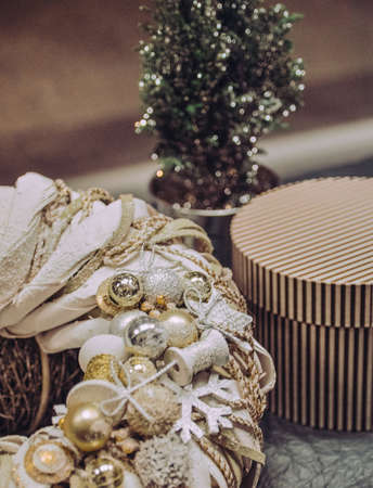 Festive holiday decorations and gifts, Christmas time atmosphere aroundの写真素材