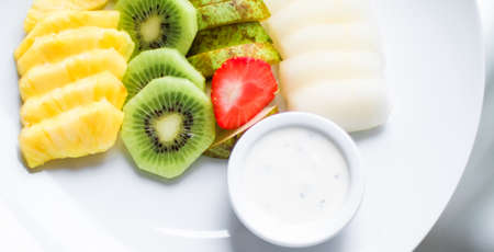 fruit plate served - fresh fruits and healthy eating styled conceptの写真素材