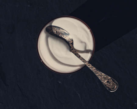 dairy and rustic farm food styled concept - fresh creamy white yogurt, elegant visualsの写真素材
