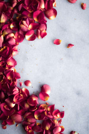 rose petals on marble flatlay - wedding, holiday and floral background styled concept, elegant visualsの写真素材