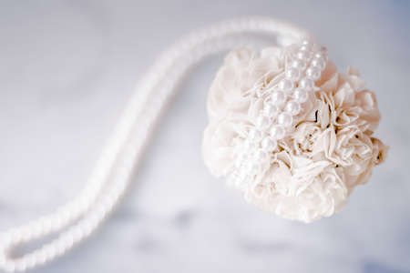 Bridal bouquet of white roses - wedding day, floral beauty, luxury event decoration concept. The happiest day of our livesの写真素材