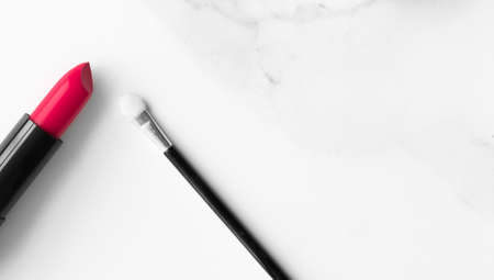 Make-up and cosmetics on marble, flatlay - modern feminine lifestyle, vlog background and styled stock concept. Beauty inspiration in a fashion blogの写真素材