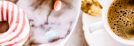 Vintage cup of flavored espresso, flatlay - perfect breakfast and feminine styled concept. I love my morning coffeeの写真素材