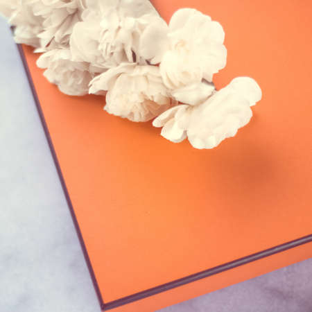 Present box and flowers for her - Mother's day ideas, happy giving and holiday inspiration concept. The perfect gift for momの写真素材