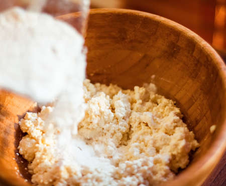Flour, eggs and cottage cheese, rustic cookbook recipe - weekend cooking, food blog and homemade cuisine concept. Making your favorite pastryの写真素材