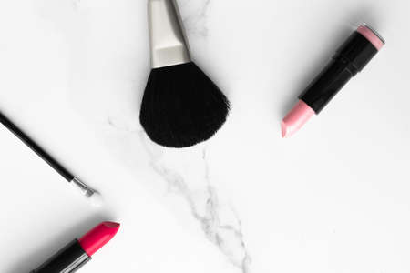 Make-up and cosmetics on marble, flatlay - modern feminine lifestyle, vlog background and styled stock concept. Beauty inspiration in a fashion blogの写真素材