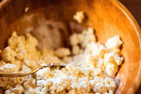Flour, eggs and cottage cheese, rustic cookbook recipe - weekend cooking, food blog and homemade cuisine concept. Making your favorite pastryの写真素材