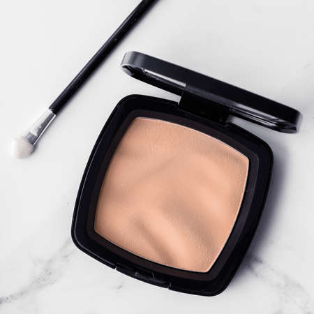 Make-up and cosmetics on marble, flatlay - modern feminine lifestyle, vlog background and styled...
