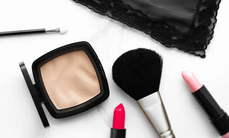 Make-up and cosmetics on marble, flatlay - modern feminine lifestyle, vlog background and styled stock concept. Beauty inspiration in a fashion blogの写真素材