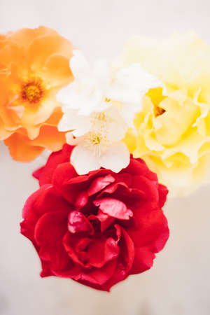 Beautiful floral flatlay composition - wedding decor, florist designed and perfect garden concept. The flowers of loveの写真素材