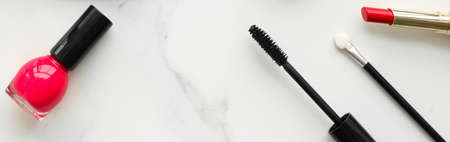 Make-up and cosmetics on marble, flatlay - modern feminine lifestyle, vlog background and styled stock concept. Beauty inspiration in a fashion blogの写真素材