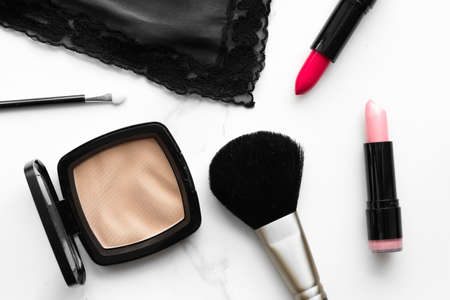 Make-up and cosmetics on marble, flatlay - modern feminine lifestyle, vlog background and styled stock concept. Beauty inspiration in a fashion blogの写真素材