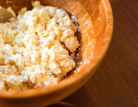 Flour, eggs and cottage cheese, rustic cookbook recipe - weekend cooking, food blog and homemade cuisine concept. Making your favorite pastryの写真素材