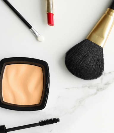Make-up and cosmetics on marble, flatlay - modern feminine lifestyle, vlog background and styled stock concept. Beauty inspiration in a fashion blogの写真素材