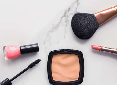 Modern feminine lifestyle, blog background and styled stock concept. Beauty and  fashion inspiration - Make-up and cosmetics flatlay on marbleの写真素材