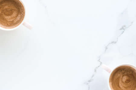 Breakfast, drinks and modern lifestyle concept - Hot aromatic coffee on marble, flatlay