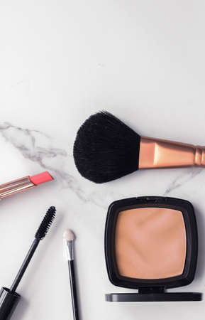 Modern feminine lifestyle, blog background and styled stock concept. Beauty and  fashion inspiration - Make-up and cosmetics flatlay on marbleの写真素材