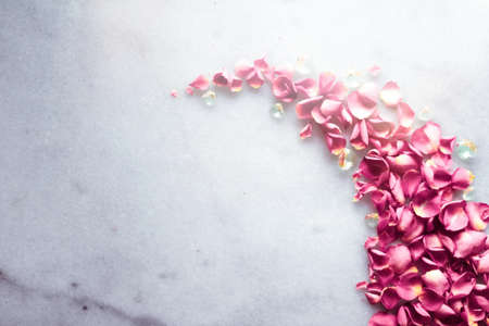Delicate rose petals on marble stone - art of flowers, luxury background and floral beauty concept....