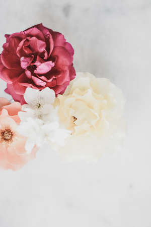 Wedding decor, floral background and beautiful home garden concept - Vintage roses on marble