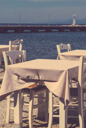 Summer holiday, eating out and beach life concept - Restaurant by the sea, Mediterranean vacationの写真素材
