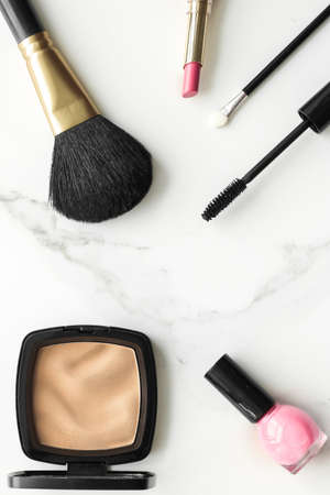 Make-up and cosmetics products on marble, flatlay background - modern feminine lifestyle, beauty blog and fashion inspiration conceptの写真素材