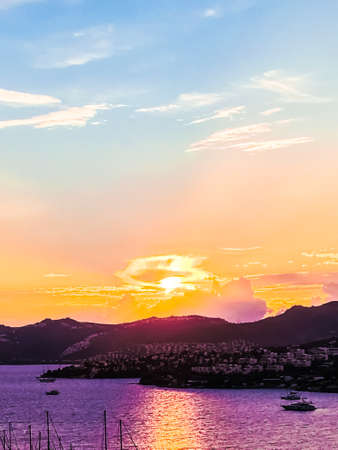 Summer vacation, mobile photography and coastal night concept - Sunset on the coast, beautiful sea view backgroundの写真素材