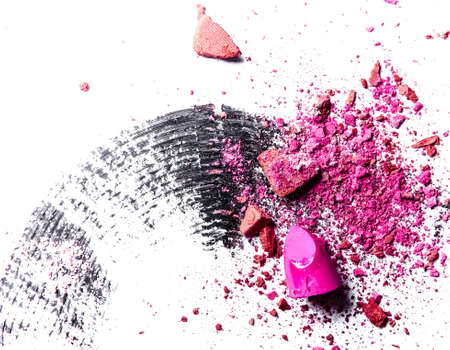 Beauty texture, cosmetic product and art of make-up concept - Grunge mascara brush stroke, lipstick and eyeshadow close-up isolated on white backgroundの写真素材